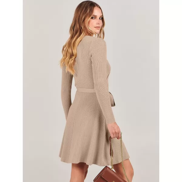 imageANRABESS Womens Sweater Dress V Neck Long Sleeve Tie Waist ALine Swing Ribbed Knit Short Dresses with BeltKhaki