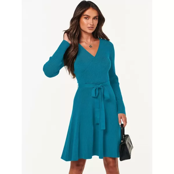 imageANRABESS Womens Sweater Dress V Neck Long Sleeve Tie Waist ALine Swing Ribbed Knit Short Dresses with BeltNavy Blue
