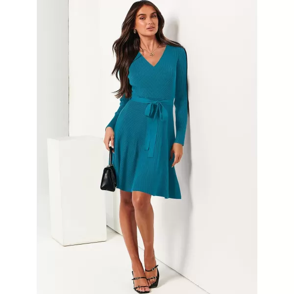 imageANRABESS Womens Sweater Dress V Neck Long Sleeve Tie Waist ALine Swing Ribbed Knit Short Dresses with BeltNavy Blue
