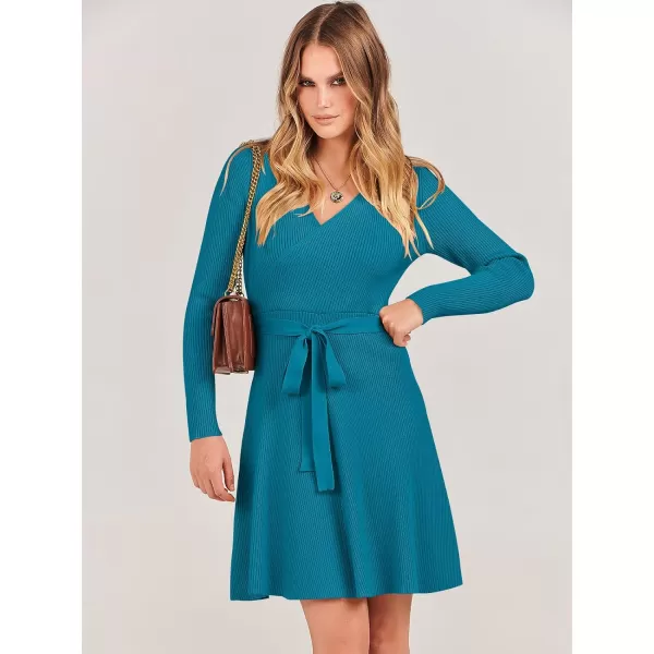imageANRABESS Womens Sweater Dress V Neck Long Sleeve Tie Waist ALine Swing Ribbed Knit Short Dresses with BeltNavy Blue