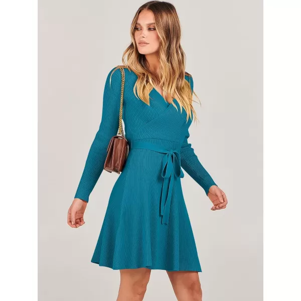 imageANRABESS Womens Sweater Dress V Neck Long Sleeve Tie Waist ALine Swing Ribbed Knit Short Dresses with BeltNavy Blue