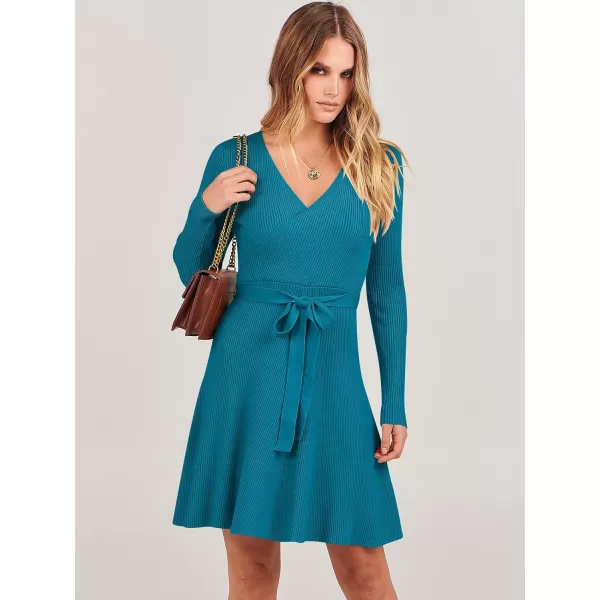 imageANRABESS Womens Sweater Dress V Neck Long Sleeve Tie Waist ALine Swing Ribbed Knit Short Dresses with BeltNavy Blue