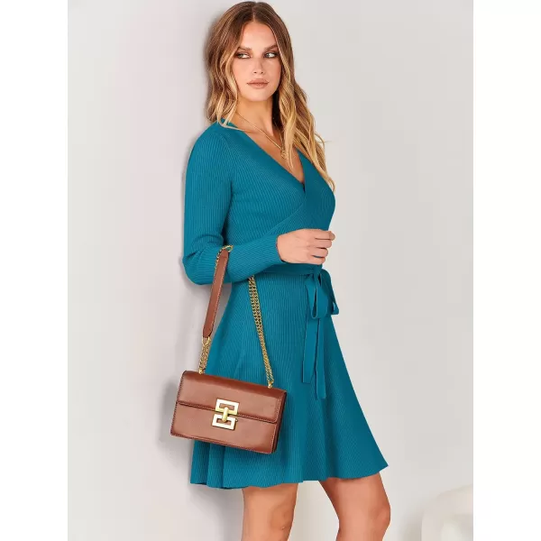 imageANRABESS Womens Sweater Dress V Neck Long Sleeve Tie Waist ALine Swing Ribbed Knit Short Dresses with BeltNavy Blue