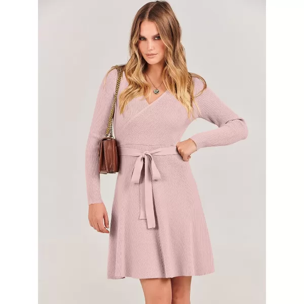 imageANRABESS Womens Sweater Dress V Neck Long Sleeve Tie Waist ALine Swing Ribbed Knit Short Dresses with BeltPink