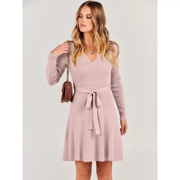 imageANRABESS Womens Sweater Dress V Neck Long Sleeve Tie Waist ALine Swing Ribbed Knit Short Dresses with BeltPink