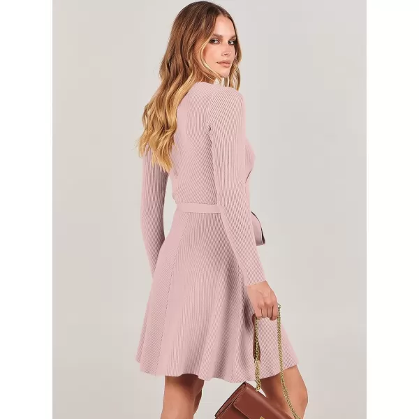 imageANRABESS Womens Sweater Dress V Neck Long Sleeve Tie Waist ALine Swing Ribbed Knit Short Dresses with BeltPink