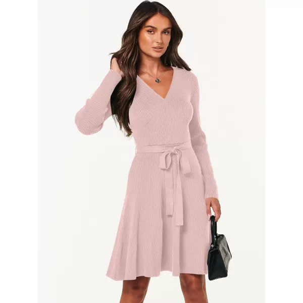 imageANRABESS Womens Sweater Dress V Neck Long Sleeve Tie Waist ALine Swing Ribbed Knit Short Dresses with BeltPink