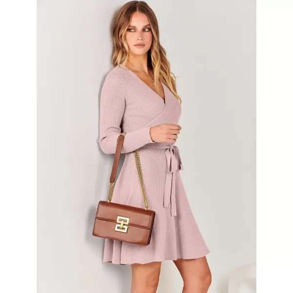 imageANRABESS Womens Sweater Dress V Neck Long Sleeve Tie Waist ALine Swing Ribbed Knit Short Dresses with BeltPink