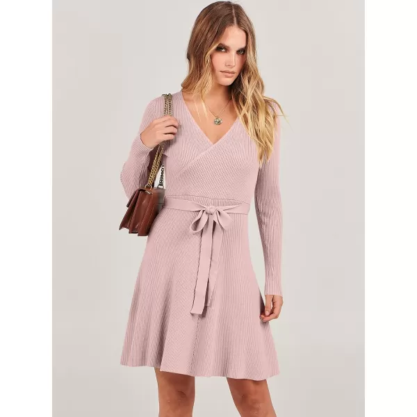 imageANRABESS Womens Sweater Dress V Neck Long Sleeve Tie Waist ALine Swing Ribbed Knit Short Dresses with BeltPink