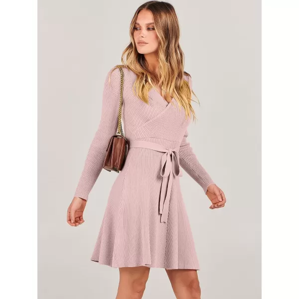 imageANRABESS Womens Sweater Dress V Neck Long Sleeve Tie Waist ALine Swing Ribbed Knit Short Dresses with BeltPink