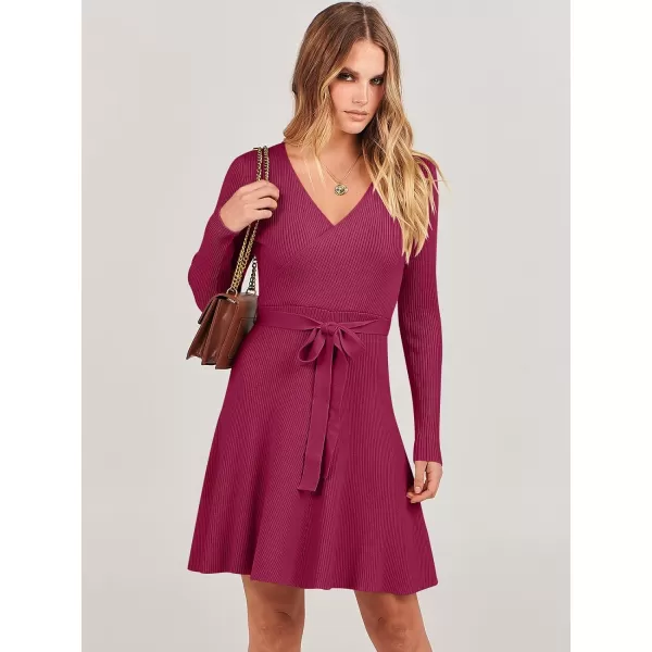 imageANRABESS Womens Sweater Dress V Neck Long Sleeve Tie Waist ALine Swing Ribbed Knit Short Dresses with BeltRed