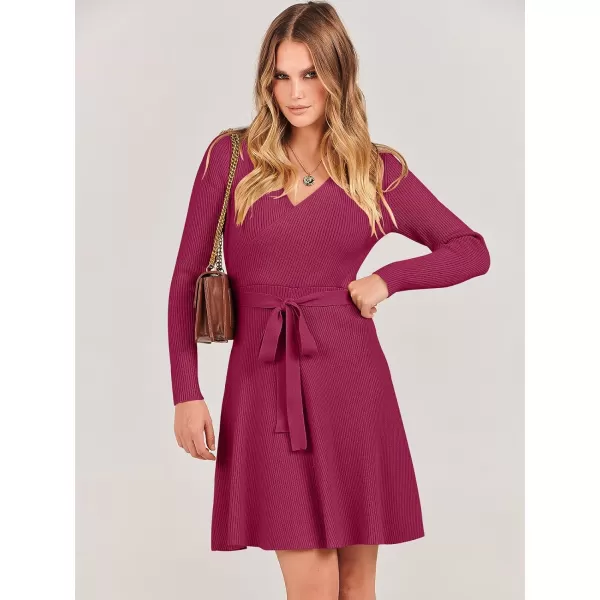 imageANRABESS Womens Sweater Dress V Neck Long Sleeve Tie Waist ALine Swing Ribbed Knit Short Dresses with BeltRed