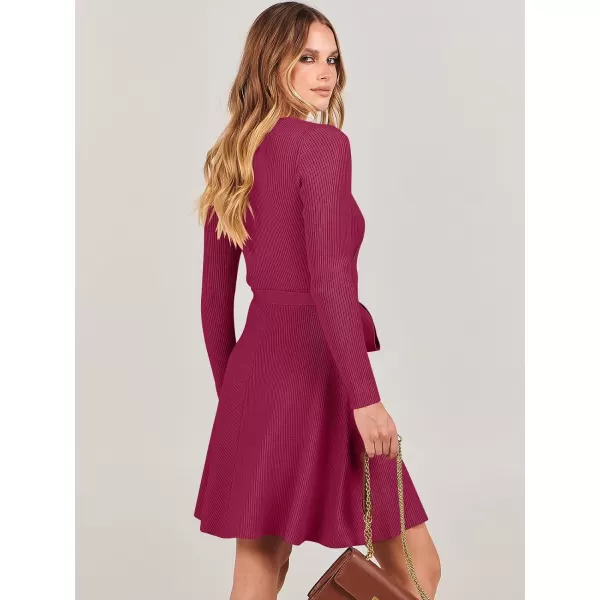 imageANRABESS Womens Sweater Dress V Neck Long Sleeve Tie Waist ALine Swing Ribbed Knit Short Dresses with BeltRed