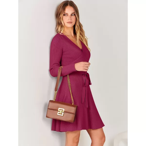 imageANRABESS Womens Sweater Dress V Neck Long Sleeve Tie Waist ALine Swing Ribbed Knit Short Dresses with BeltRed