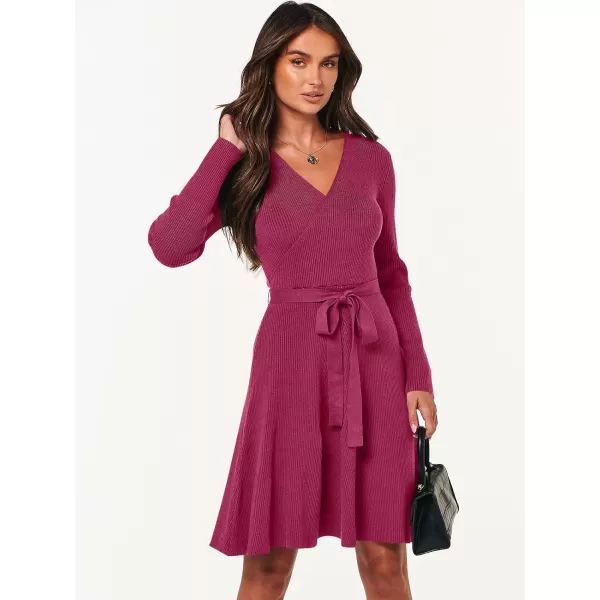 imageANRABESS Womens Sweater Dress V Neck Long Sleeve Tie Waist ALine Swing Ribbed Knit Short Dresses with BeltRed