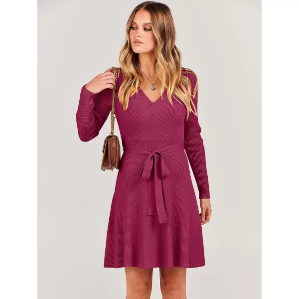 imageANRABESS Womens Sweater Dress V Neck Long Sleeve Tie Waist ALine Swing Ribbed Knit Short Dresses with BeltRed