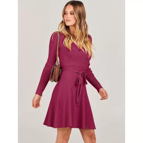 imageANRABESS Womens Sweater Dress V Neck Long Sleeve Tie Waist ALine Swing Ribbed Knit Short Dresses with BeltRed