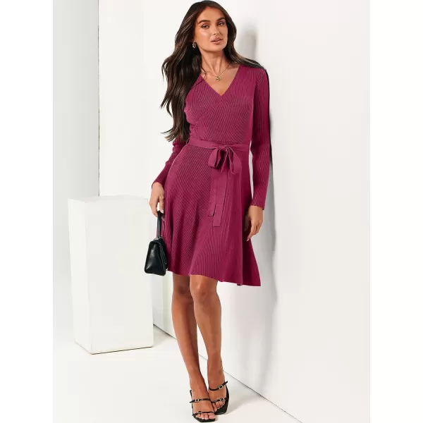 imageANRABESS Womens Sweater Dress V Neck Long Sleeve Tie Waist ALine Swing Ribbed Knit Short Dresses with BeltRed