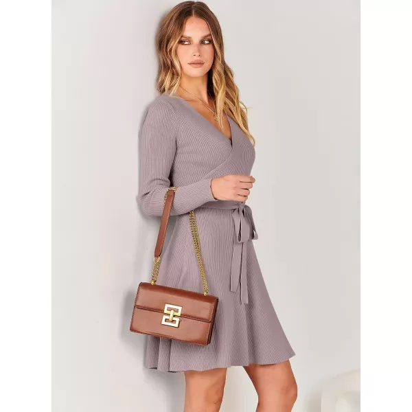 imageANRABESS Womens Sweater Dress V Neck Long Sleeve Tie Waist ALine Swing Ribbed Knit Short Dresses with BeltRed Apricot