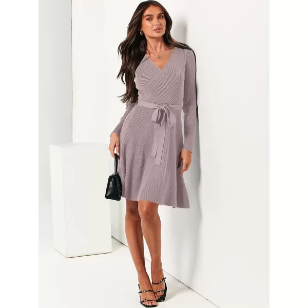 imageANRABESS Womens Sweater Dress V Neck Long Sleeve Tie Waist ALine Swing Ribbed Knit Short Dresses with BeltRed Apricot