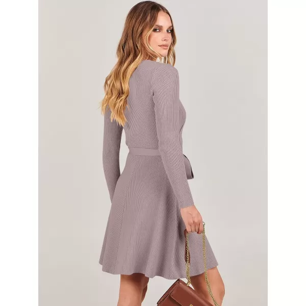 imageANRABESS Womens Sweater Dress V Neck Long Sleeve Tie Waist ALine Swing Ribbed Knit Short Dresses with BeltRed Apricot