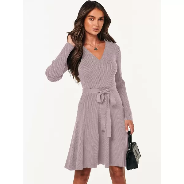 imageANRABESS Womens Sweater Dress V Neck Long Sleeve Tie Waist ALine Swing Ribbed Knit Short Dresses with BeltRed Apricot
