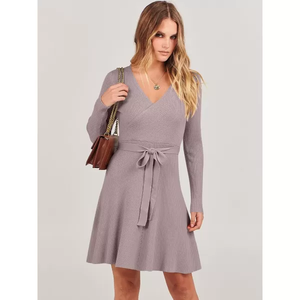 imageANRABESS Womens Sweater Dress V Neck Long Sleeve Tie Waist ALine Swing Ribbed Knit Short Dresses with BeltRed Apricot