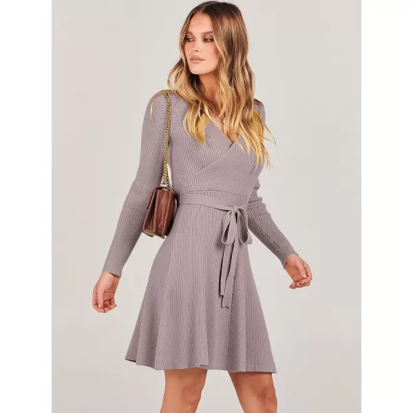 imageANRABESS Womens Sweater Dress V Neck Long Sleeve Tie Waist ALine Swing Ribbed Knit Short Dresses with BeltRed Apricot