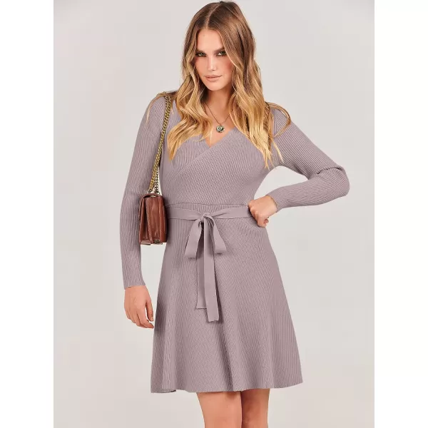 imageANRABESS Womens Sweater Dress V Neck Long Sleeve Tie Waist ALine Swing Ribbed Knit Short Dresses with BeltRed Apricot