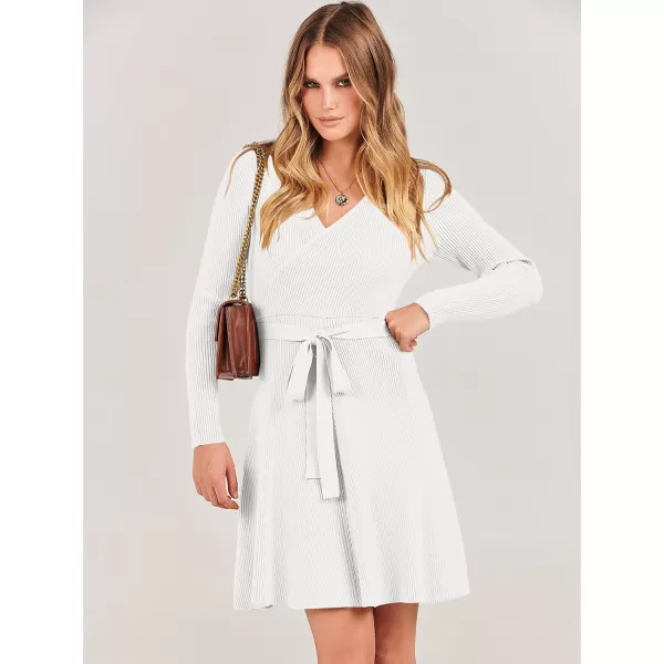 imageANRABESS Womens Sweater Dress V Neck Long Sleeve Tie Waist ALine Swing Ribbed Knit Short Dresses with BeltWhite