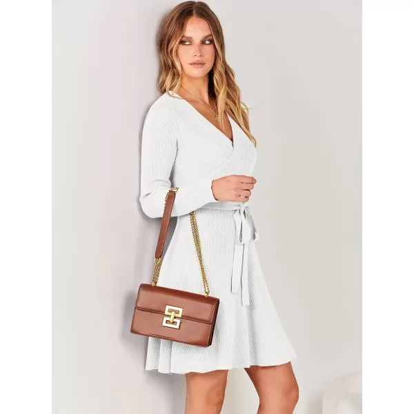 imageANRABESS Womens Sweater Dress V Neck Long Sleeve Tie Waist ALine Swing Ribbed Knit Short Dresses with BeltWhite