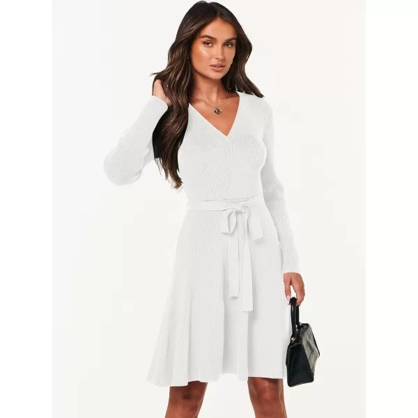 imageANRABESS Womens Sweater Dress V Neck Long Sleeve Tie Waist ALine Swing Ribbed Knit Short Dresses with BeltWhite