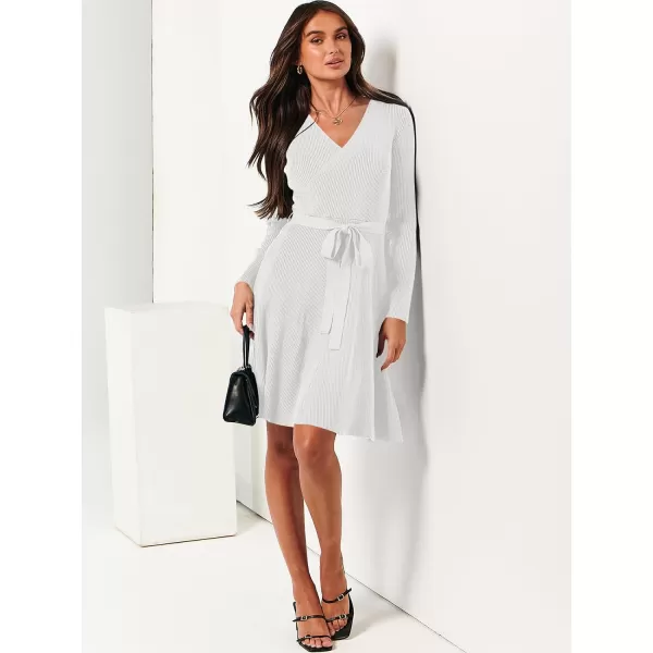 imageANRABESS Womens Sweater Dress V Neck Long Sleeve Tie Waist ALine Swing Ribbed Knit Short Dresses with BeltWhite