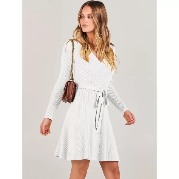 imageANRABESS Womens Sweater Dress V Neck Long Sleeve Tie Waist ALine Swing Ribbed Knit Short Dresses with BeltWhite