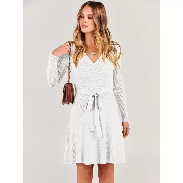 imageANRABESS Womens Sweater Dress V Neck Long Sleeve Tie Waist ALine Swing Ribbed Knit Short Dresses with BeltWhite