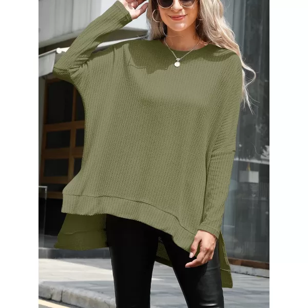 imageANRABESS Womens Sweater Oversized Crewneck Long Batwing Sleeve Waffle Knit Casual Loose Split Hem Tunic Pullover TopsArmy Green