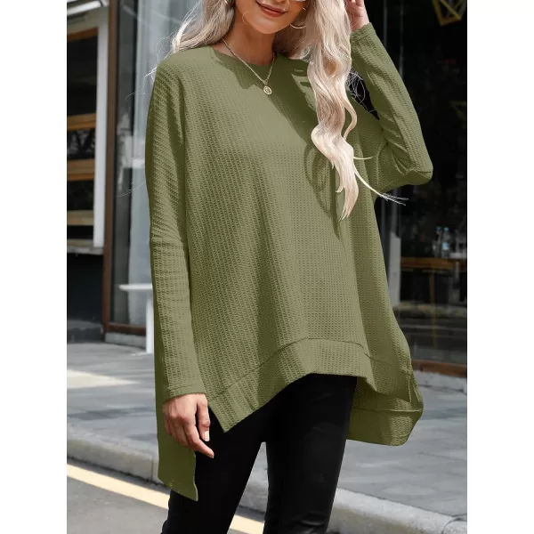 imageANRABESS Womens Sweater Oversized Crewneck Long Batwing Sleeve Waffle Knit Casual Loose Split Hem Tunic Pullover TopsArmy Green
