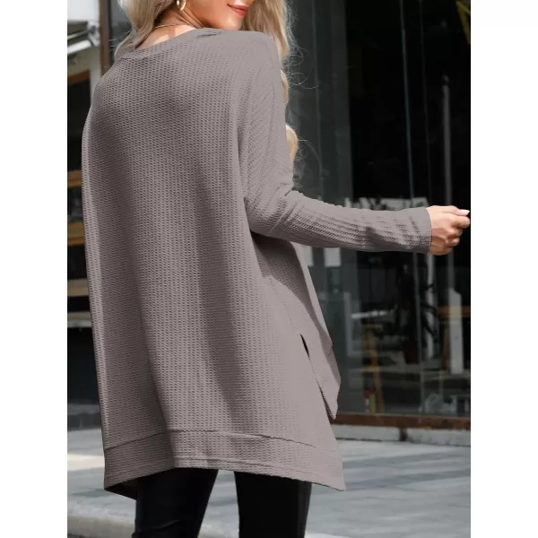 imageANRABESS Womens Sweater Oversized Crewneck Long Batwing Sleeve Waffle Knit Casual Loose Split Hem Tunic Pullover TopsCoffee
