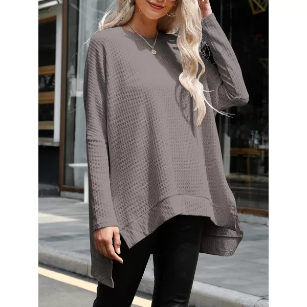 imageANRABESS Womens Sweater Oversized Crewneck Long Batwing Sleeve Waffle Knit Casual Loose Split Hem Tunic Pullover TopsCoffee