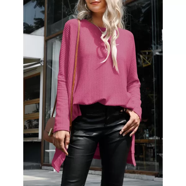 imageANRABESS Womens Sweater Oversized Crewneck Long Batwing Sleeve Waffle Knit Casual Loose Split Hem Tunic Pullover TopsRose