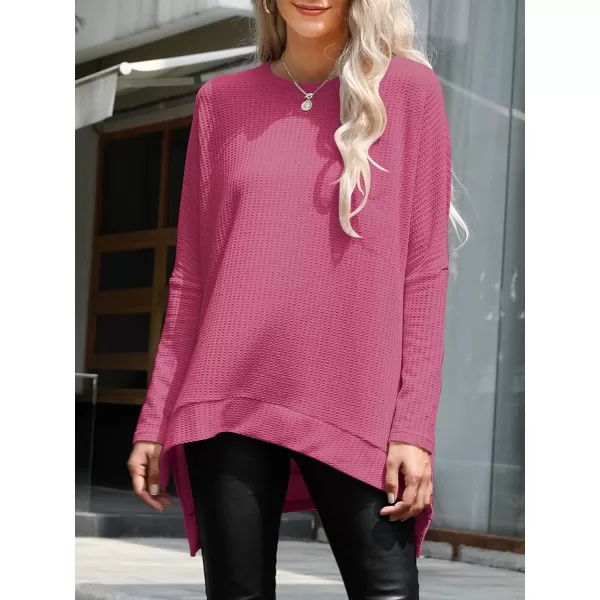 imageANRABESS Womens Sweater Oversized Crewneck Long Batwing Sleeve Waffle Knit Casual Loose Split Hem Tunic Pullover TopsRose
