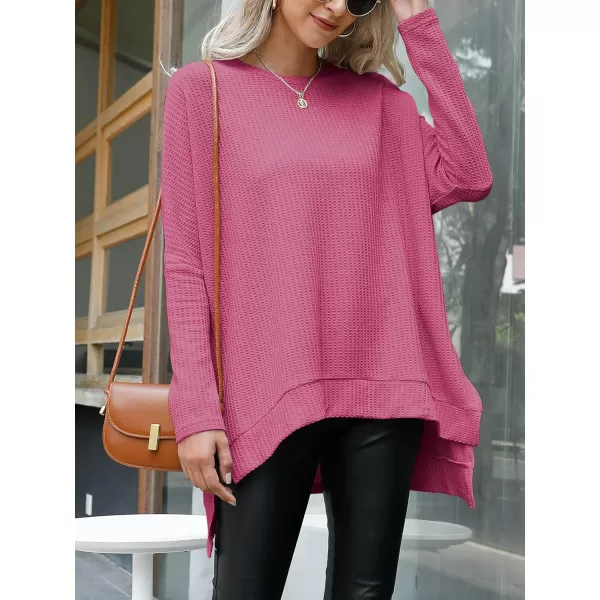 imageANRABESS Womens Sweater Oversized Crewneck Long Batwing Sleeve Waffle Knit Casual Loose Split Hem Tunic Pullover TopsRose