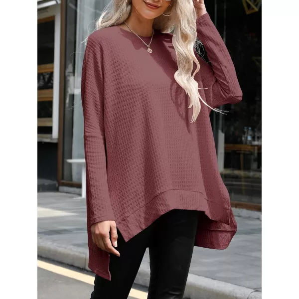 imageANRABESS Womens Sweater Oversized Crewneck Long Batwing Sleeve Waffle Knit Casual Loose Split Hem Tunic Pullover TopsRust