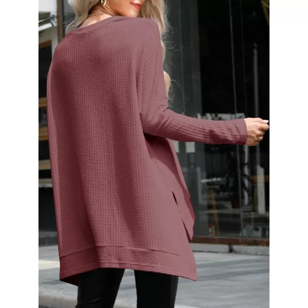 imageANRABESS Womens Sweater Oversized Crewneck Long Batwing Sleeve Waffle Knit Casual Loose Split Hem Tunic Pullover TopsRust