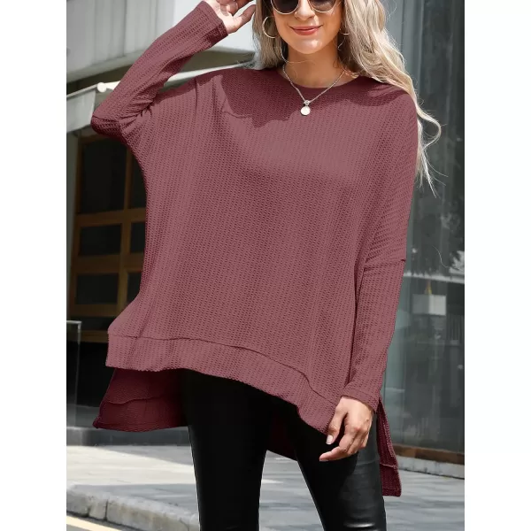 imageANRABESS Womens Sweater Oversized Crewneck Long Batwing Sleeve Waffle Knit Casual Loose Split Hem Tunic Pullover TopsRust