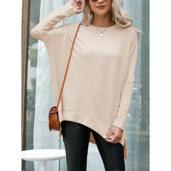 imageANRABESS Womens Sweater Oversized Turtleneck Long Batwing Sleeve Waffle Knit Casual Loose Split Hem Tunic Pullover TopsApricot