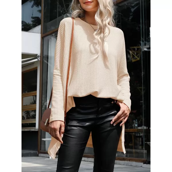 imageANRABESS Womens Sweater Oversized Turtleneck Long Batwing Sleeve Waffle Knit Casual Loose Split Hem Tunic Pullover TopsApricot