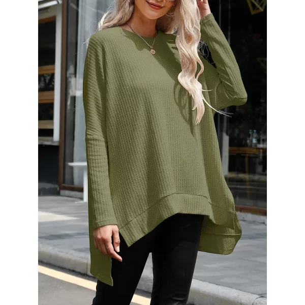 imageANRABESS Womens Sweater Oversized Turtleneck Long Batwing Sleeve Waffle Knit Casual Loose Split Hem Tunic Pullover TopsArmy Green