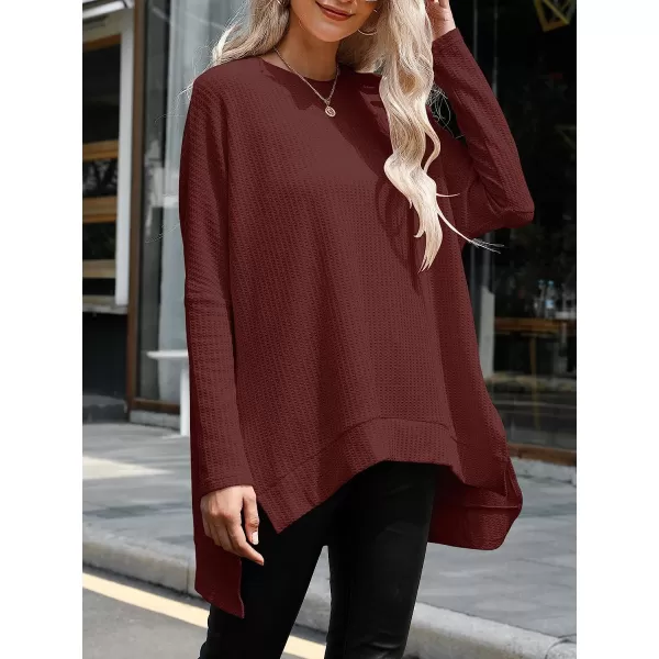 imageANRABESS Womens Sweater Oversized Turtleneck Long Batwing Sleeve Waffle Knit Casual Loose Split Hem Tunic Pullover TopsBirck Red