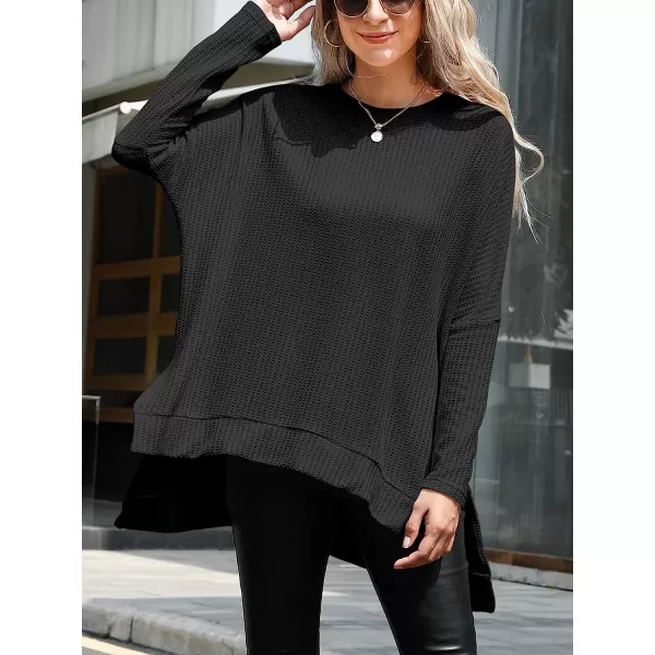 imageANRABESS Womens Sweater Oversized Turtleneck Long Batwing Sleeve Waffle Knit Casual Loose Split Hem Tunic Pullover TopsBlack